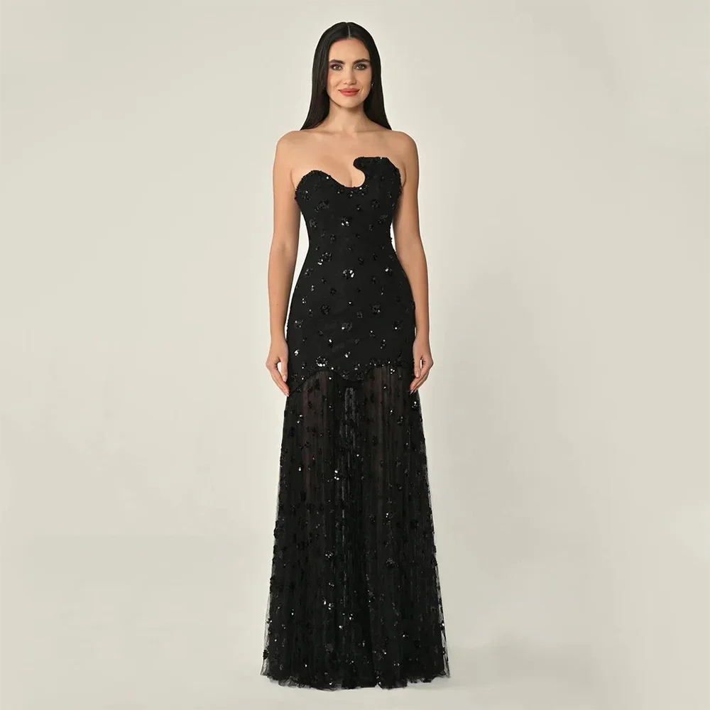 فساتين سهرة طويلة سوداء مخصصة أنيقة بدون أكمام مناسبة رسمية فساتين حفلات خرز كريستال طول الأرض فساتين حفلة موسيقية