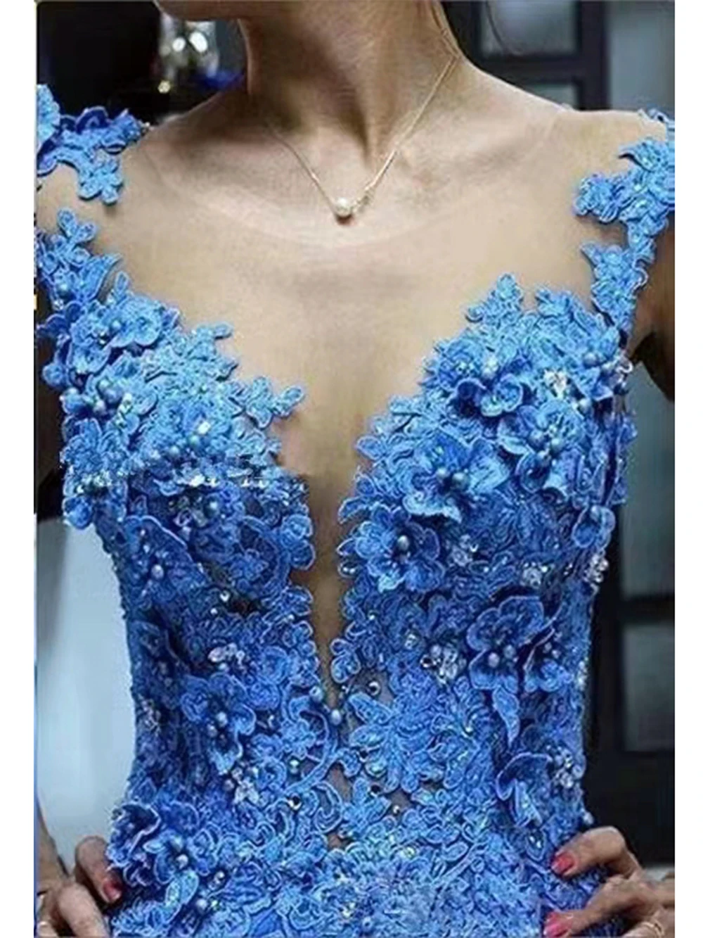 Blue Lace Applique Pearls Beads Mother Of The Bride Dresses O Neck Back Illusion Slit Evening Party Prom Gown платье вечернее