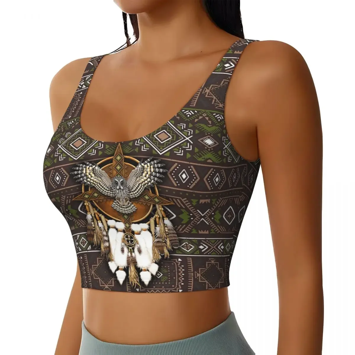 Custom Native American Owl African Tribal Women Sports Bra High Impact Vest Gym Workout Yoga Crop Tank Top