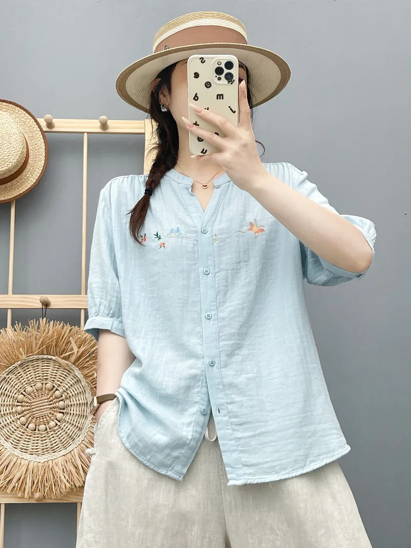 New 2025 Autumn Cotton Yarn Half Sleeve Shirt, Women V Neck Embroidery, Mori Girl Versatile Comfortable Loose Blouse T56290CC