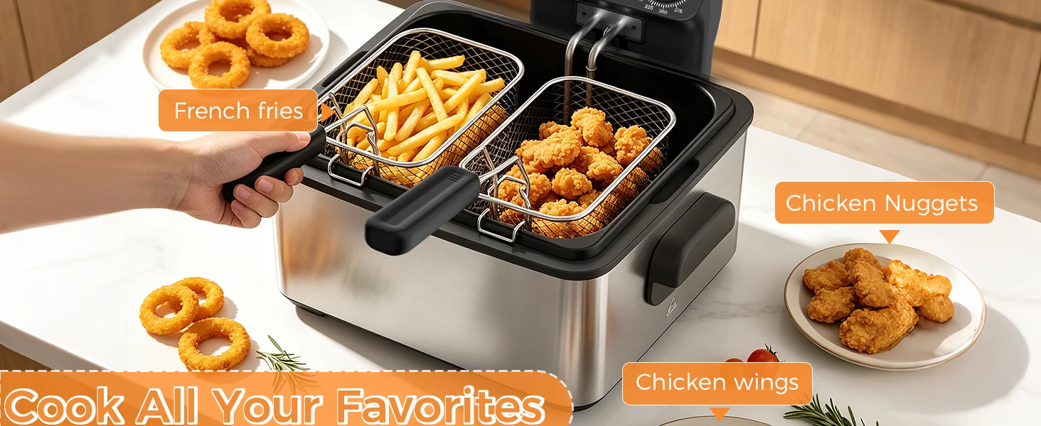 Electric Deep Fryer with 3 Baskets, 4.75QT Stainless Steel Countertop