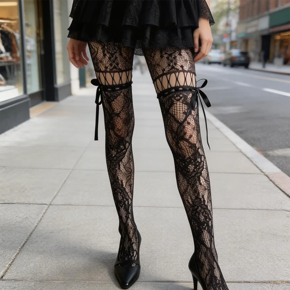 Spitzenstrümpfe für Damen Frühling Sommer Niedliche Schleife Spitzenstrumpfhose Sexy Durchbrochene Netzstrumpfhose für Mädchen Club Party Socken
