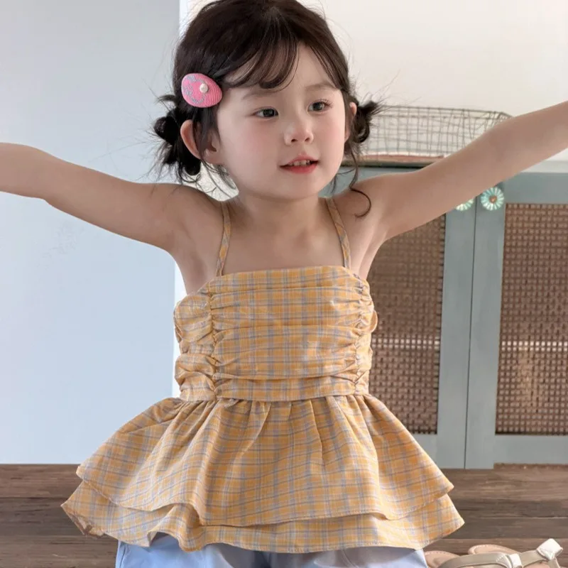 

Korean version girls' checkered camisole 2026 summer new style children's western-style backless top baby camisole