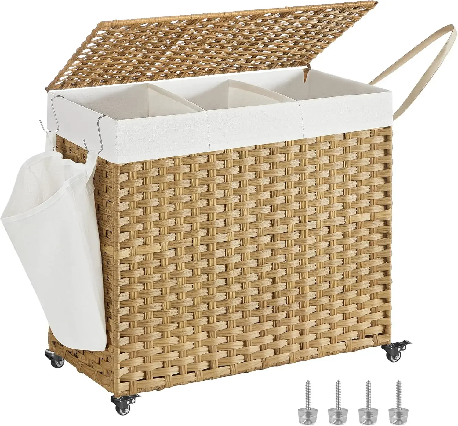 Laundry Hamper with Lid, 42.3 Gallon (160L), Rolling Laundry Basket with Wheels, 3-Section Synthetic Rattan Laundry Ham