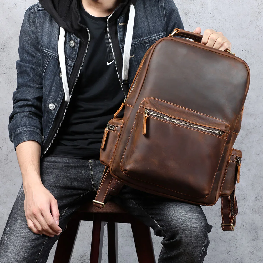 S.WORKER Vintage Echtleder-Rucksack für Herren, Große Laptop-Schultertasche aus Rindsleder, Klassische Vintage Crazy Horse Schultasche für Reisen – Detail 6