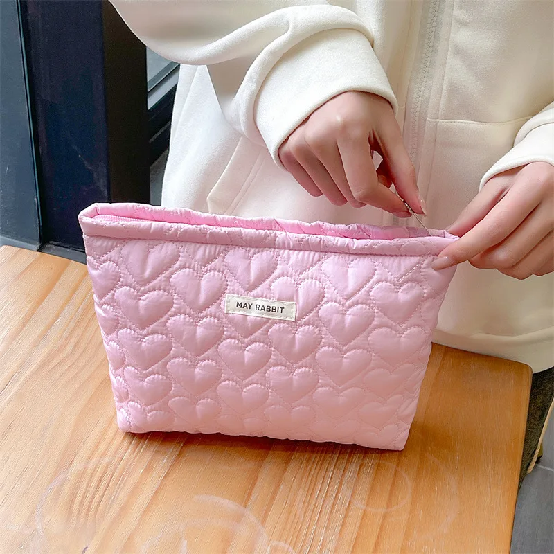 Cute Heart Pattern Fabric Makeup Pouch, Fresh Portable Handheld Cosmetic Bag, Multi-purpose Travel Sundry Inner Storage Bag