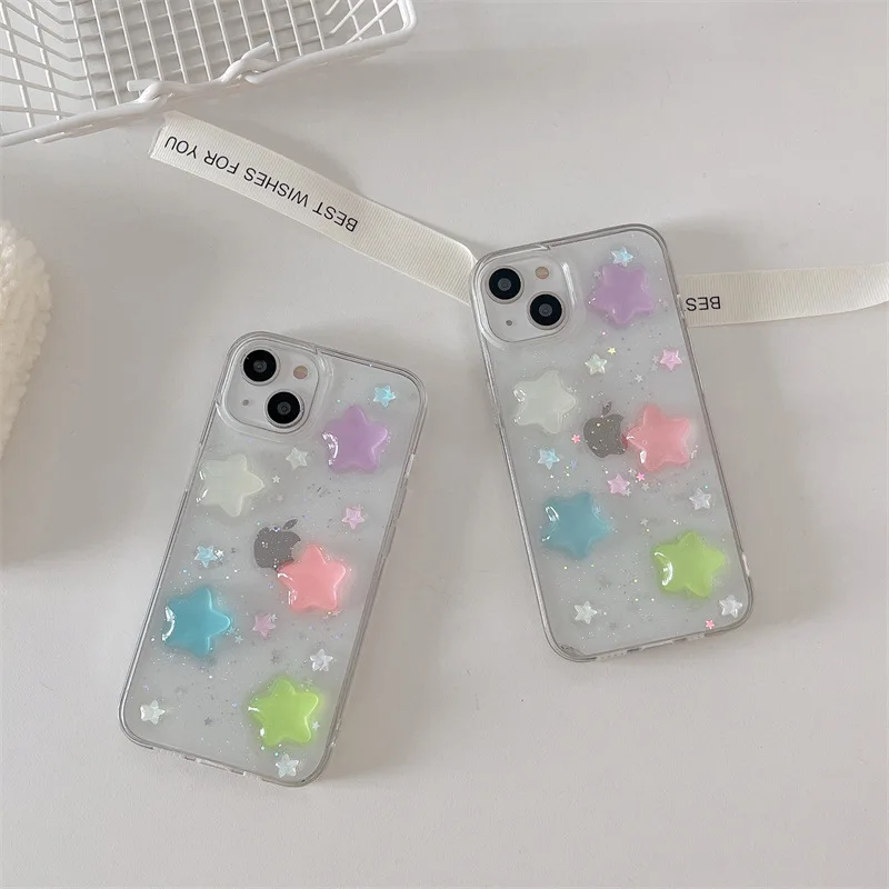 Koreanische 3D Bunte Sterne Glitzer Tropfen Kleber Handyhülle für iPhone 17 16 15 14 13 12 11 Pro Max Klare stoßfeste Schutzhülle