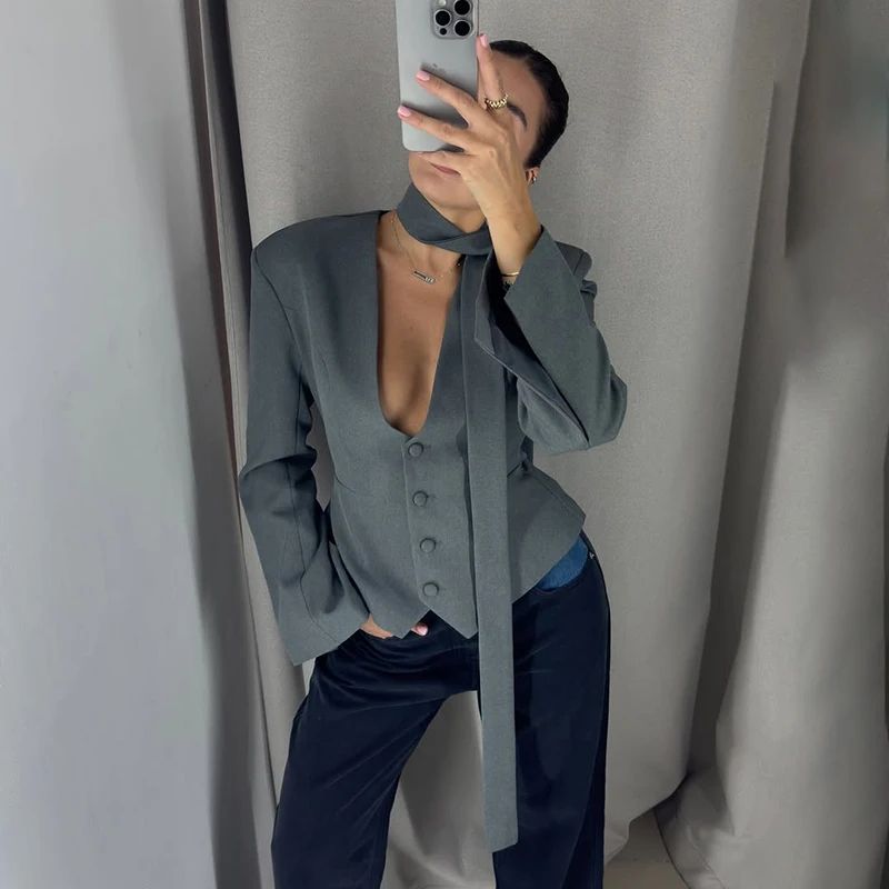 Tornova V Neck Scarf Blazer Coat For Women Long Sleeve Casual Commuting Suits Coat 2025 Fashion Buttons Slim Short Outwear Lady