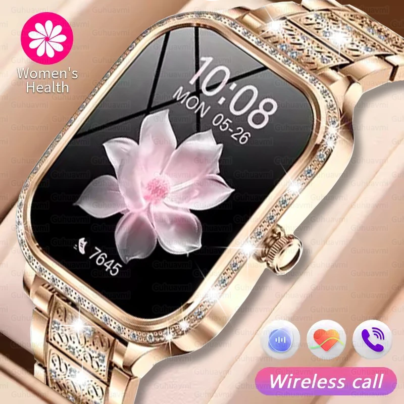 2025 New Women's Smart Watch Gold Steel Strip Inlaid Diamond 1.75-inch Curved Screen Bluetooth Call Health Monitoring Smartwatch