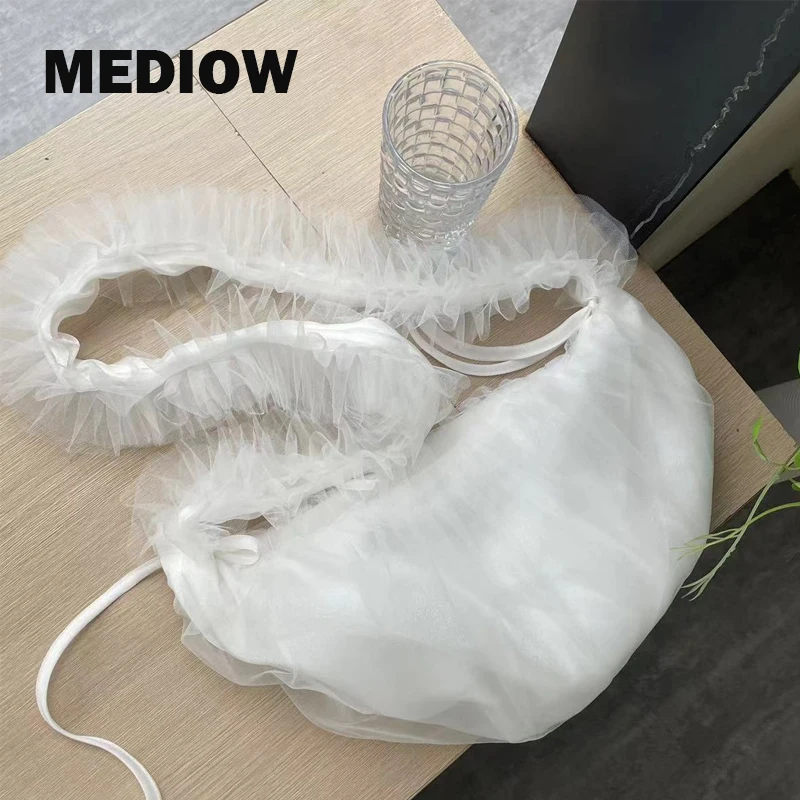 

Korean Casual Half Moon Mesh Bags For Women Luxury Designer Handbag And Purses 2024 New In Hollow Ruched Ruffles Straps Shoulder