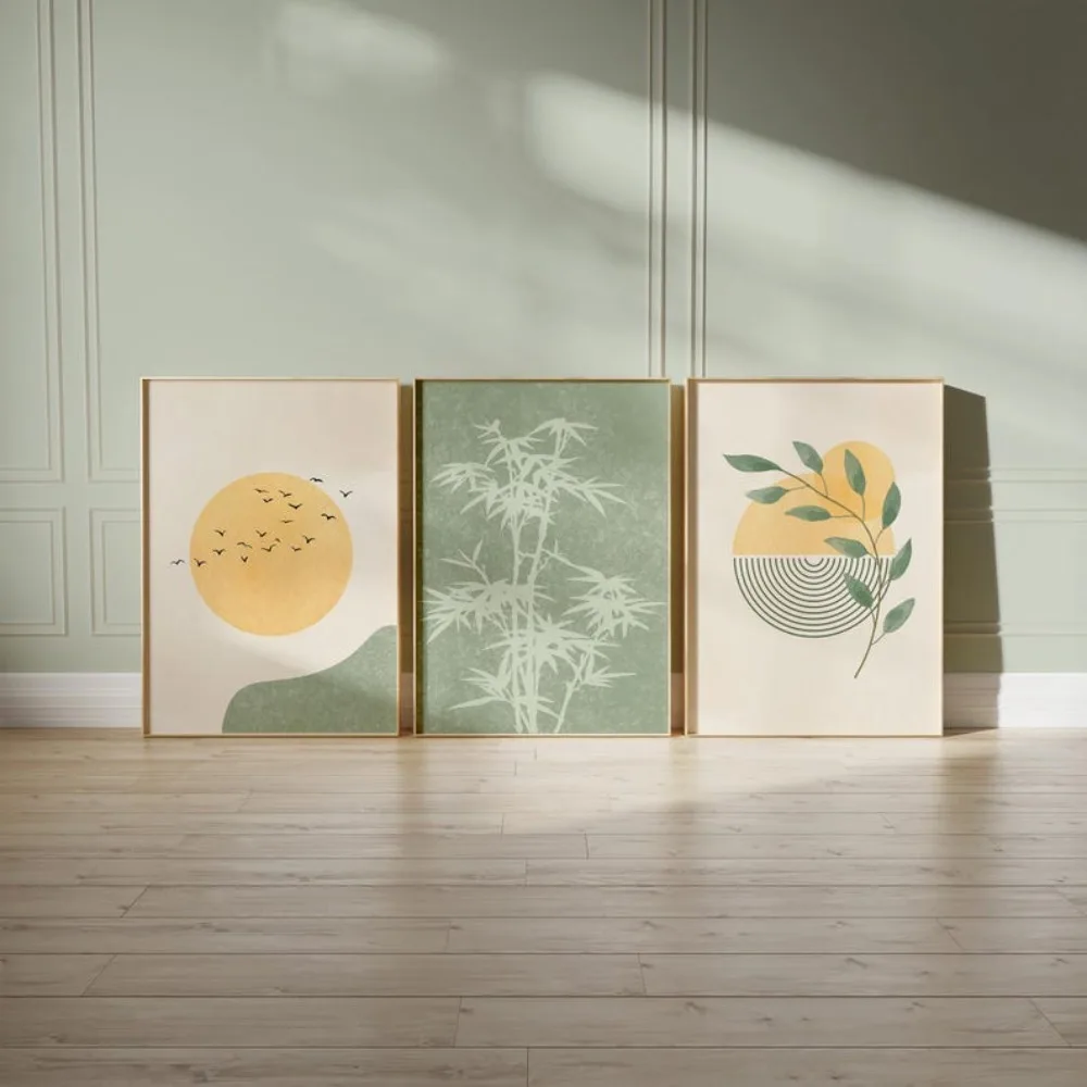 3pcs Frameless Wall Art,Sage Green Simple Printed Canvas Painting,Modern Neutral Home Decoration,Bohemian Printable Wall Art