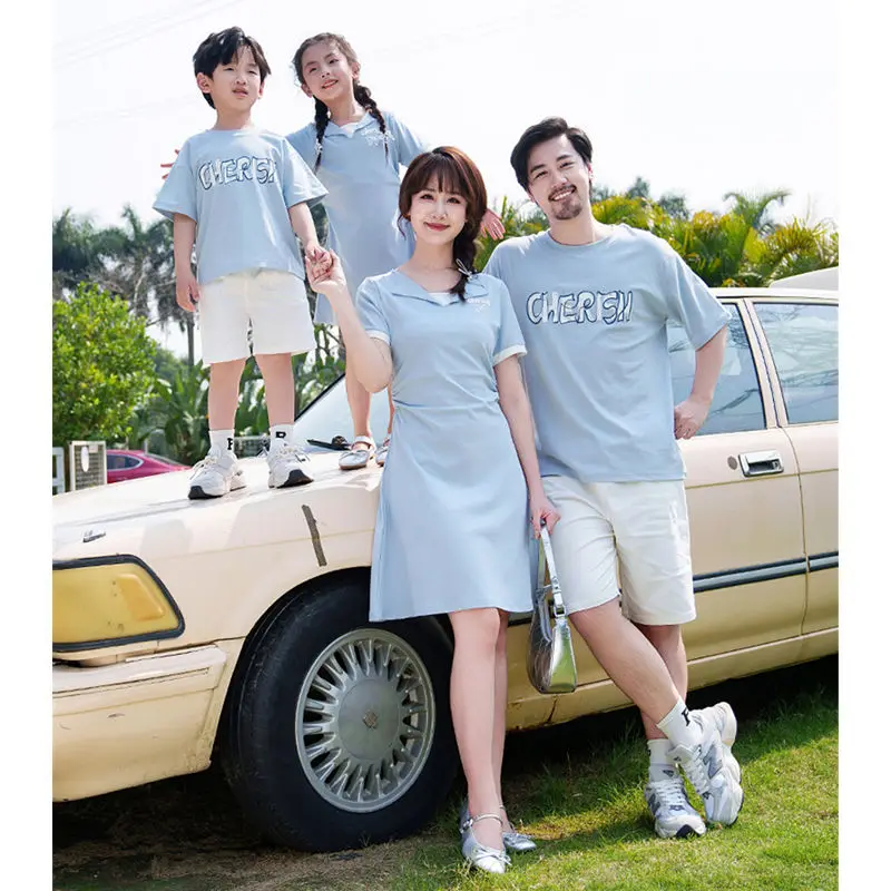 

2026 New Summer Family Matching Outfits Slim Fit Dress for Mom & Daughter + T Shirts for Dad & Son Siblings Couple Look Se
