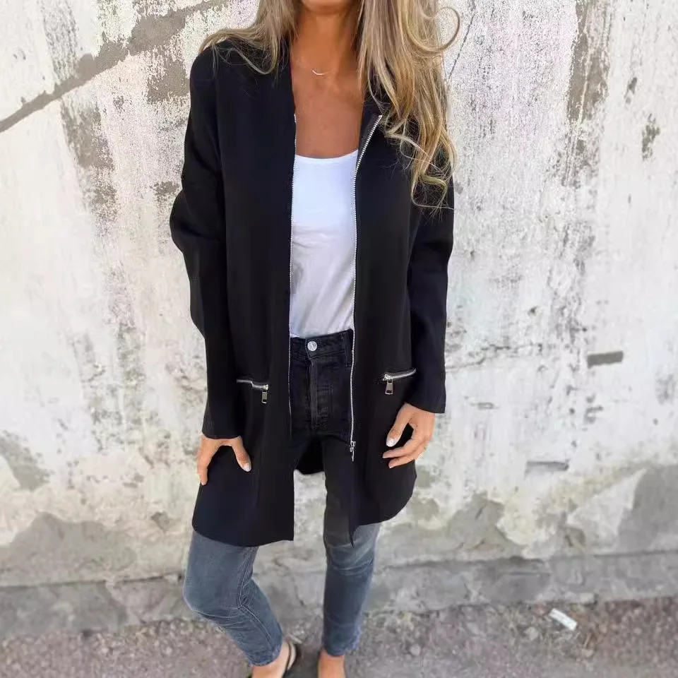 

Осень и зима, новая стильная женская свободная куртка с капюшоном на молнии, однотонное прямое повседневное пальто средней длины,