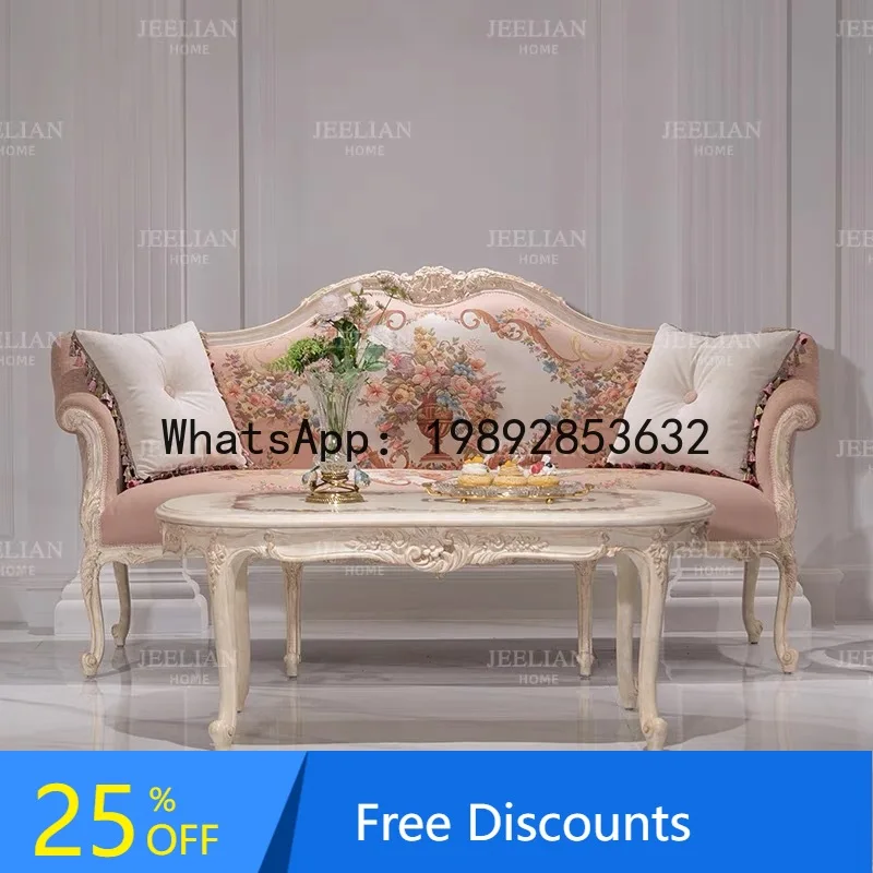CZ French Style Solid Wood Palace Living Room Sofa Set Villa Pink Printed Fabric Single Three-Seater High-End Furniture