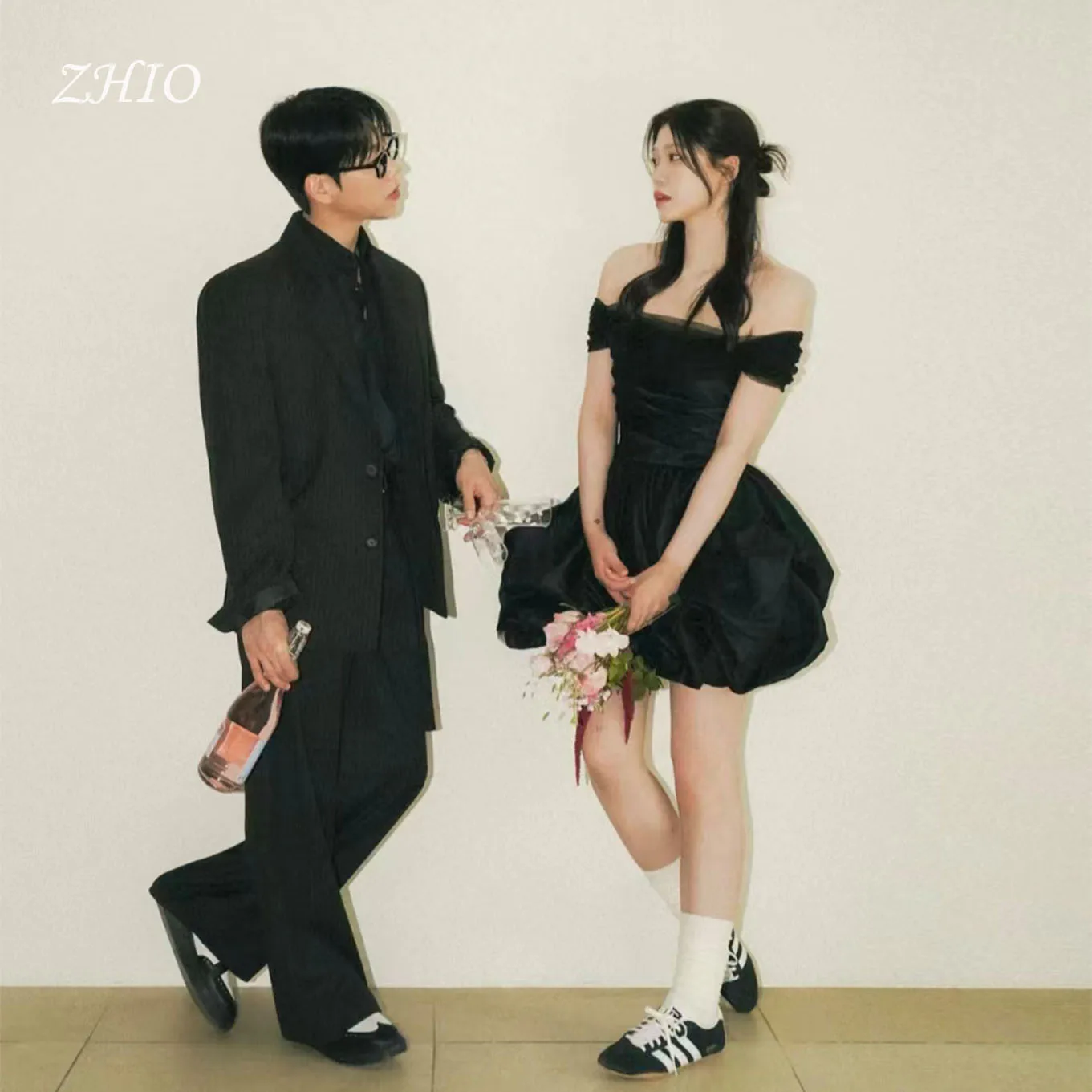 Sukienka ślubna ZHIO Classic Mini Black, odkryte ramiona, fason A, styl koreański, sesja zdjęciowa, suknie ślubne na zamówienie, Vestido De Noiva 2026
