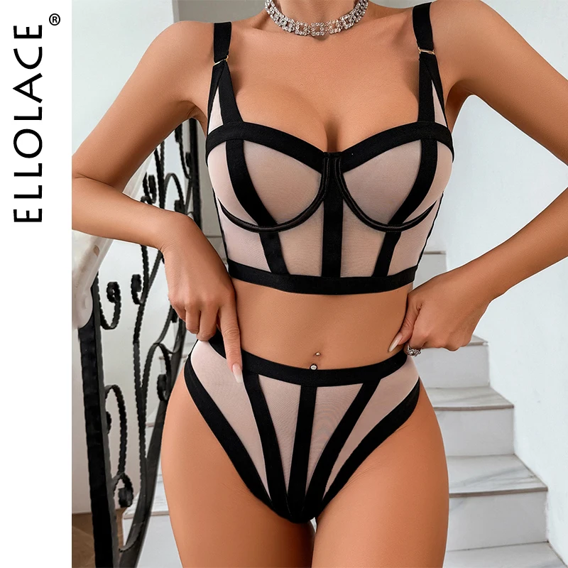 Ellolace Sexy Lingerie Bandage Transparent Mesh Underwear Women Seductive Intamite Wear Exotic Sexy Push Up Onlyfans Kit