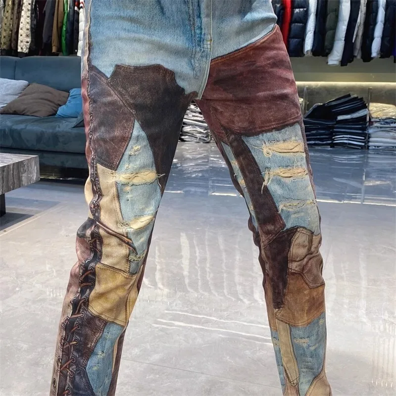 

European Style Blue Contrast Stitching Jeans Mens High Quality Skinny Jeans Men Elastic Versatile Jeans Pantalon Vaqueros Hombre