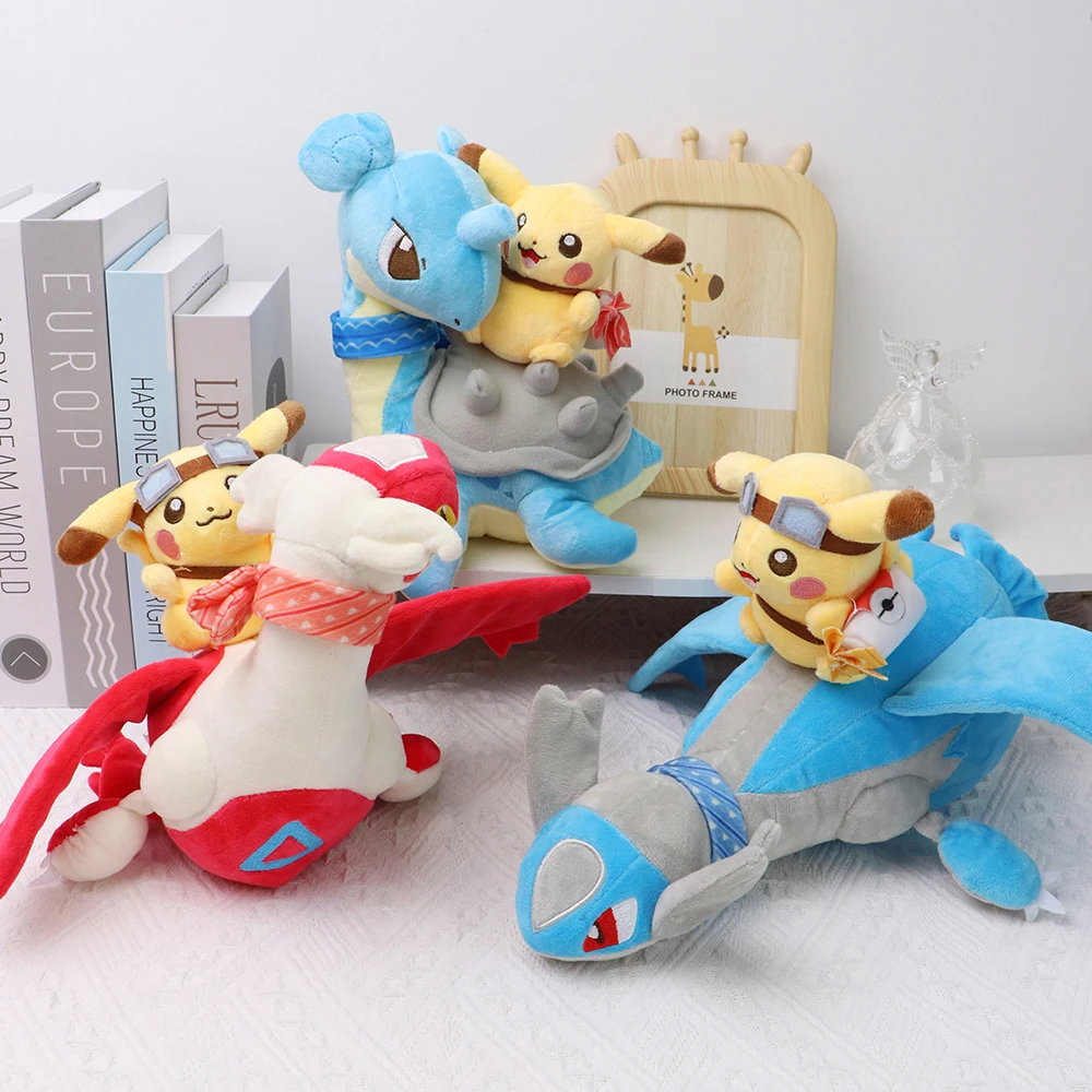 Legendary Pokemon Latias Latios Lapras Plush Toy Pikachu Riding Latios Lapras Anime Peluche Stuffed Doll Kawaii Dragon Doll Gift