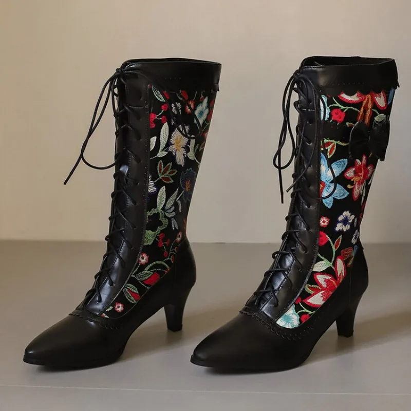 Pointed Toe Thin High Heel Knee High Boots For Women Bow Splicing Burnout Floral Front Lace Up Mid Calf Cosplay Party Footwear