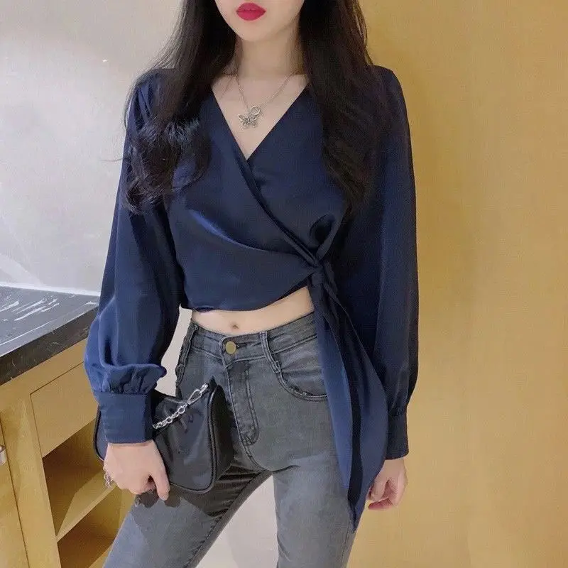 

Fashion V-Neck Asymmetrical Bandage Blouse Female Clothing 2023 Autumn New Casual Pullovers Office Lady Shirt