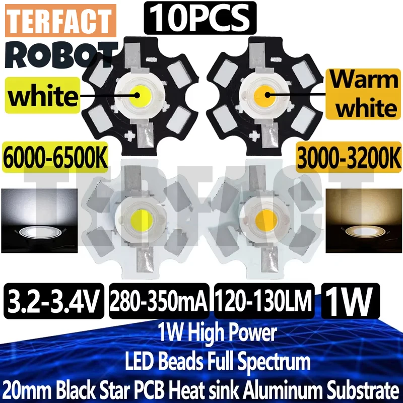 10PCS 1W Full Spectrum LED Diode - 20mm Star PCB High CRI White Emitter with Black Aluminum Heatsink