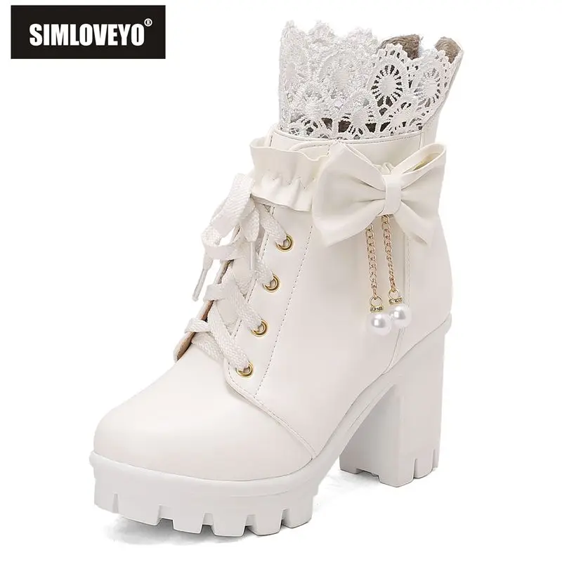 

SIMLOVEYOLolita Fashion Women Ankle Boots Round Toe Block Heels 8cm Platform 3.5cm Lace Up Bowtie Big Size 40 41 42 43 Sweet
