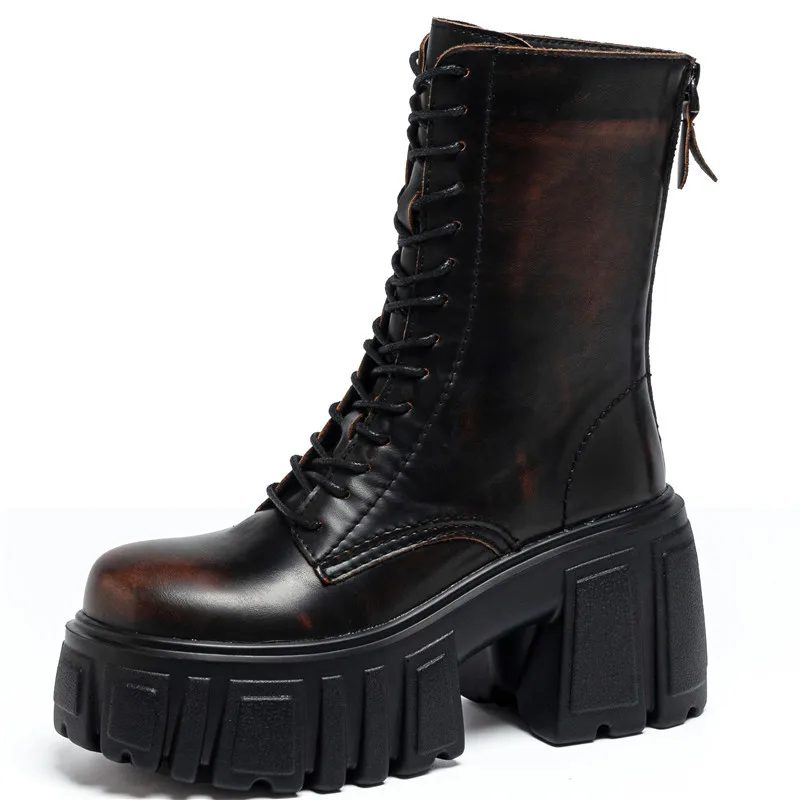 

Women British Style 9CM Polished Retro Wasteland Wind Medium Small Thick-soled Thick Heel Heightened Thin Boots
