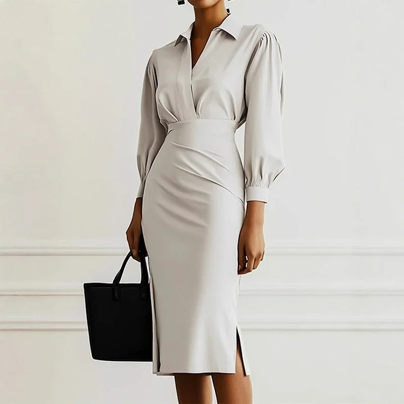 سليم صالح المرأة فساتين مثيرة الخريف مزاجه الجديد كم طويل قميص فستان للنساء Bodycon بلون مكتب سيدة فستان #4