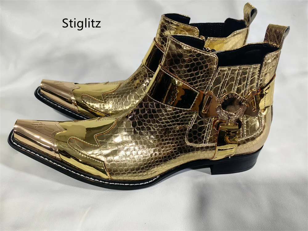 Gold Snake Print Western Ankle Boots for Men Pointed Metal Toe Buckle Strap Side Zipper Chelsea Short Boots Stage Party Shoes