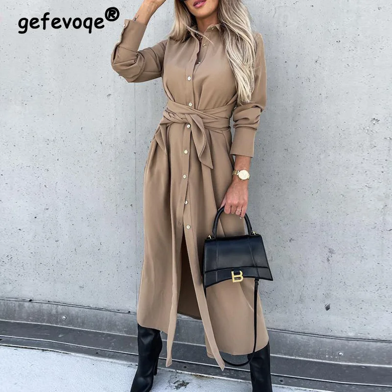 Elegante moda Lace Up Office Lady abiti da pendolare Sexy Split Solid manica lunga monopetto camicia Midi Dress Robe abbigliamento