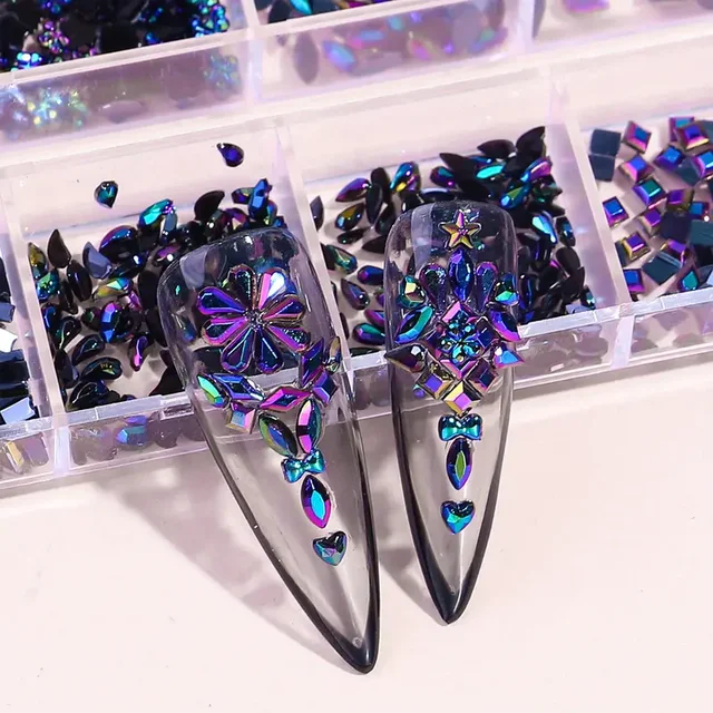 Wiele kształtów 3D Płaskie dno Cyrkonie do paznokci Kolorowe klejnoty do paznokci Szklany zestaw kryształów AB Charms do paznokci do majsterkowania Manicure Craft Decora
