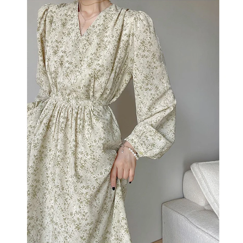 Women Trendy Vintage Floral Print High Waist Elegant Party Dresses Spring Autumn V Neck Long Sleeve Slim Chic Midi Dress Vestido