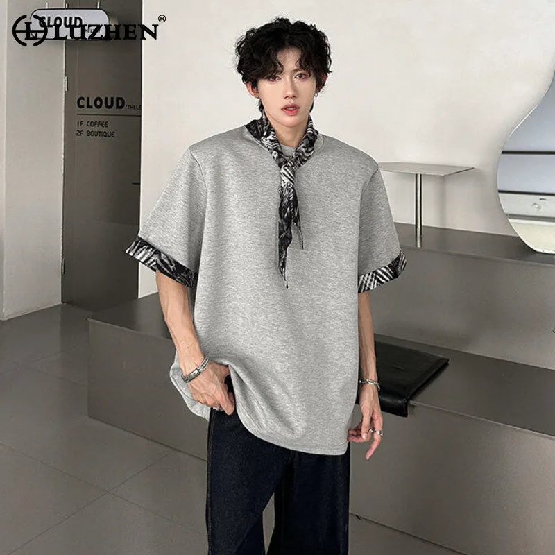 

LUZHEN Leopard Print Necktie Decorate Splicing Short Sleeve T-shirts Men's 2025 Summer Original Handsome Korean Clothes JY3063