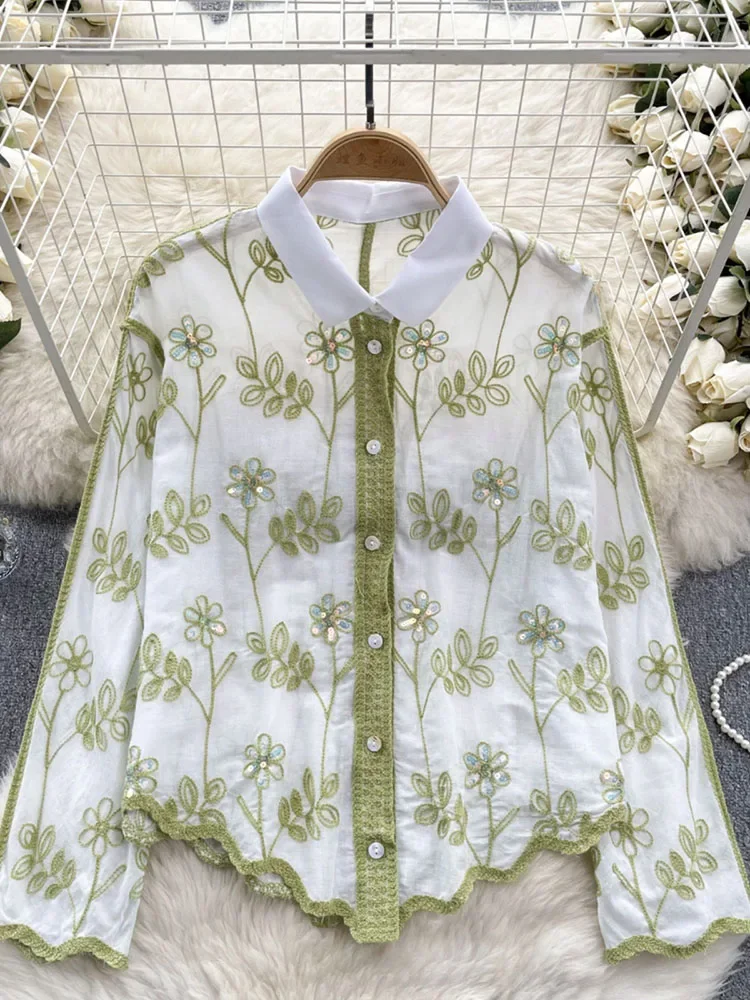 Litmage Women Shirts Spring New Heavy Industry Sequined Embroidered Blusas high street Wave Edge Slim Appearance Thin Top BL003