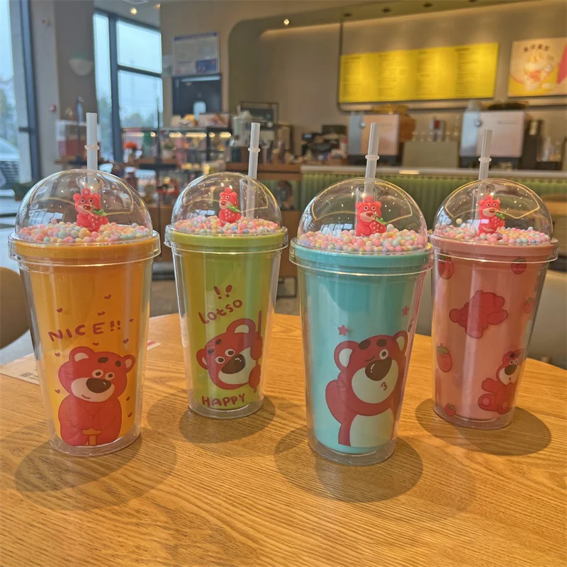 450Ml Kawaii Disney Lotso Water Cup Large Capacity Double-Layer Plastic Cup Style Children's Portable Straw Cup Birthday Gift