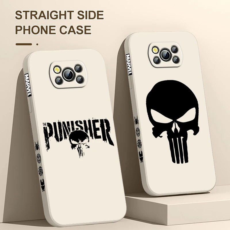 Luxury Marvel Punisher Logo For Xiaomi Poco Cover For X4 X3 F4 NFC M6 M5 M4 M3 GT S Pro 4G 5G Liquid Left Rope Phone Case