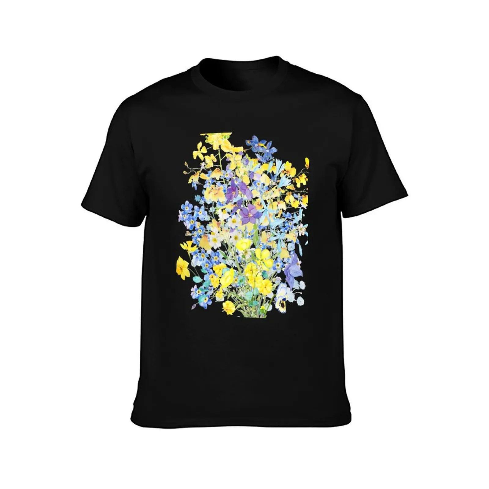 purple blue and yellow flowers bouquet watercolor T-Shirt, Summer Casual Cotton Tee, Oversized Streetwear Tops, Unisex Men Women