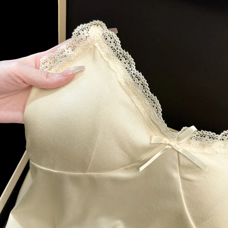 Sexy Lace Trim Solid Modal Nightgown Spaghetti Strap Sleep Dress With Chest Pads Slim Intimate Loungewear Sleepwear