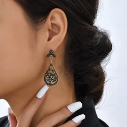 2022 Pendientes Mujer Retro Ethnic Senior Elegant Antique Black Rhinestone Petal Water Drop Earrings Wedding Party Ornaments