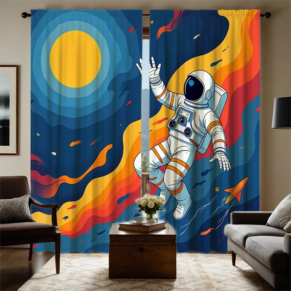 2pcs HD Digital Curtain Print - Astronaut in Space with Flames, Sun & Rocket Atmosphere Holiday Decor Style for Living Room, Bed