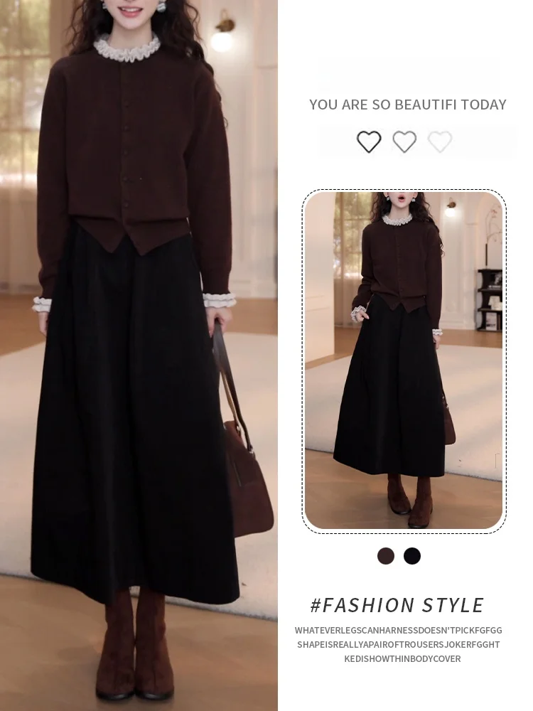 

Faionable Knitted Long Sve Set for Women High Waist A-Line Skirt Two-Piece Suit Casual Sle Breathable Comfortable