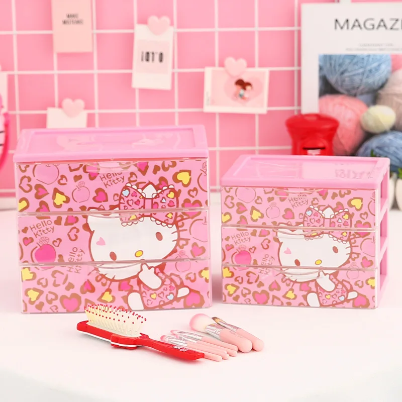 Kawaii Sanrio Desk Organizer Cartoon Hello Kittys My Melody Cinnamoroll Storage Box Cute Beauty 3 Drawer Desktop Toys for Girls