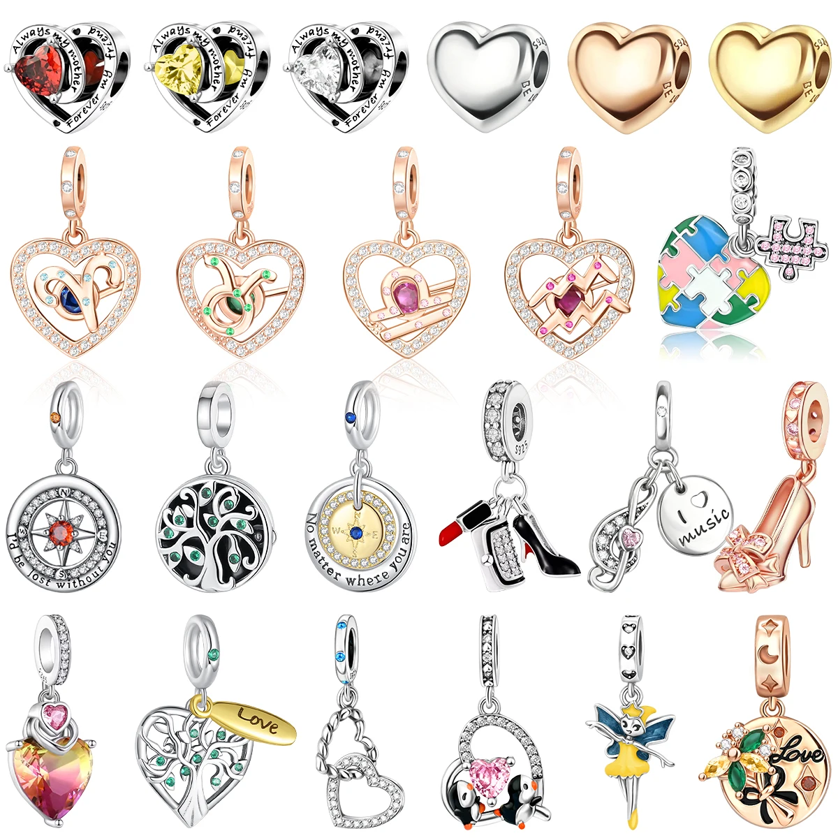 925 Sterling Silver Heart Puzzle Tree Life Compass High Heel Music Note Fairy Charm Bead Pendent Fit Bracelet Fashion Jewelry