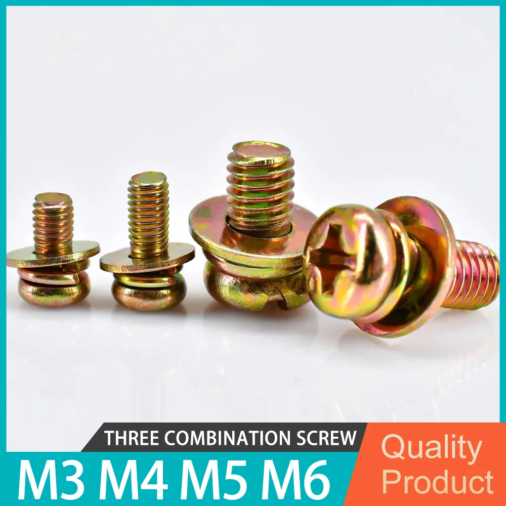 Phillips Round Head Three Combination Screw Color Zinc Plated Carbon Steel Round Head Screw Washer Spring Washer M3 M4 M5 M6