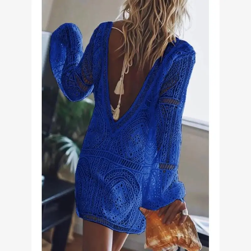 Lace Hollow out Loose Beach Cover up Long Sve Deep V Ne Bal ort Dr Women's Faion Summer Polyester
