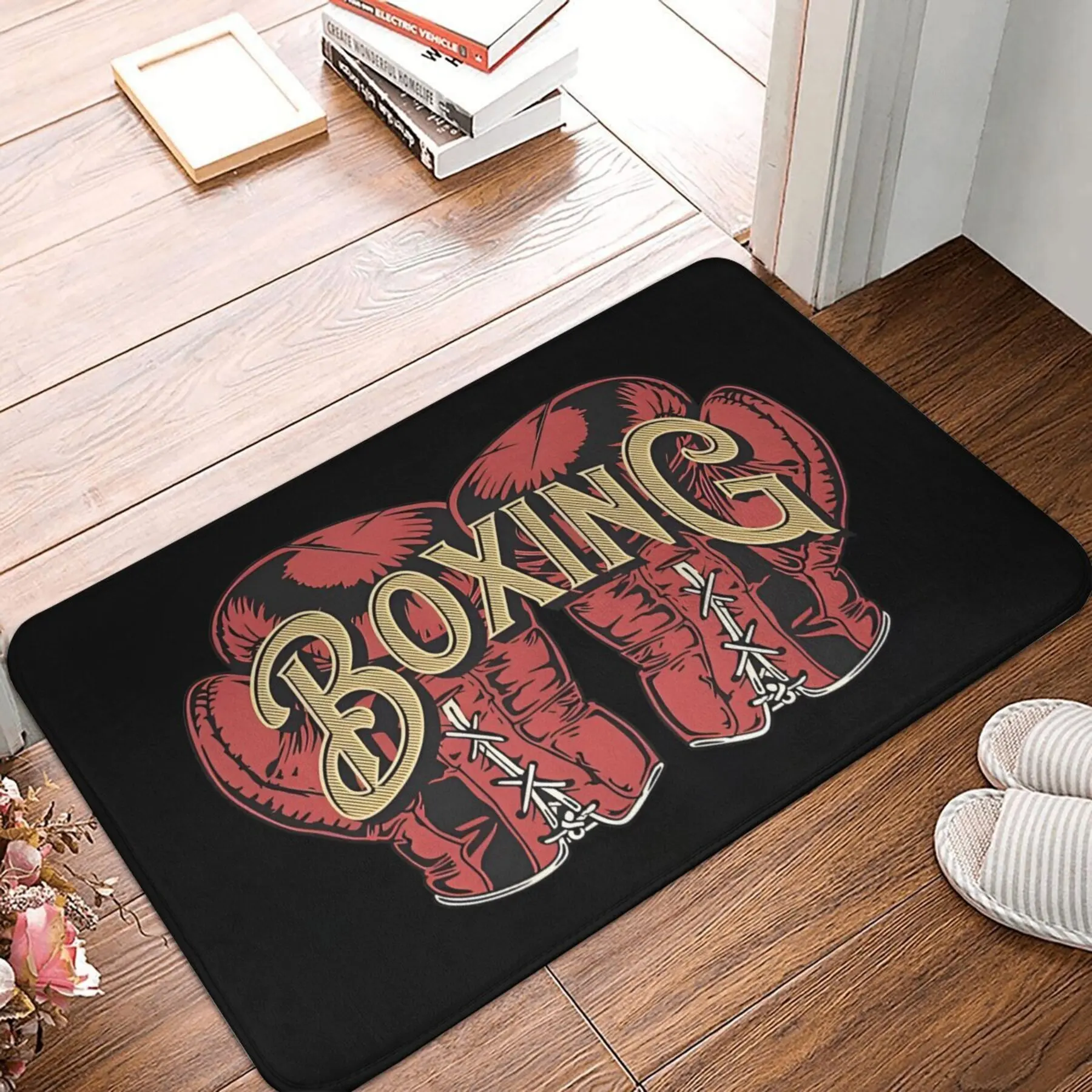 Vintage Boxing Door Mat - Red Gloves & Gold Letter Design, Non-Slip Gym Entrance Rug, Sports Theme Floor Mat,  Multiple Sizes