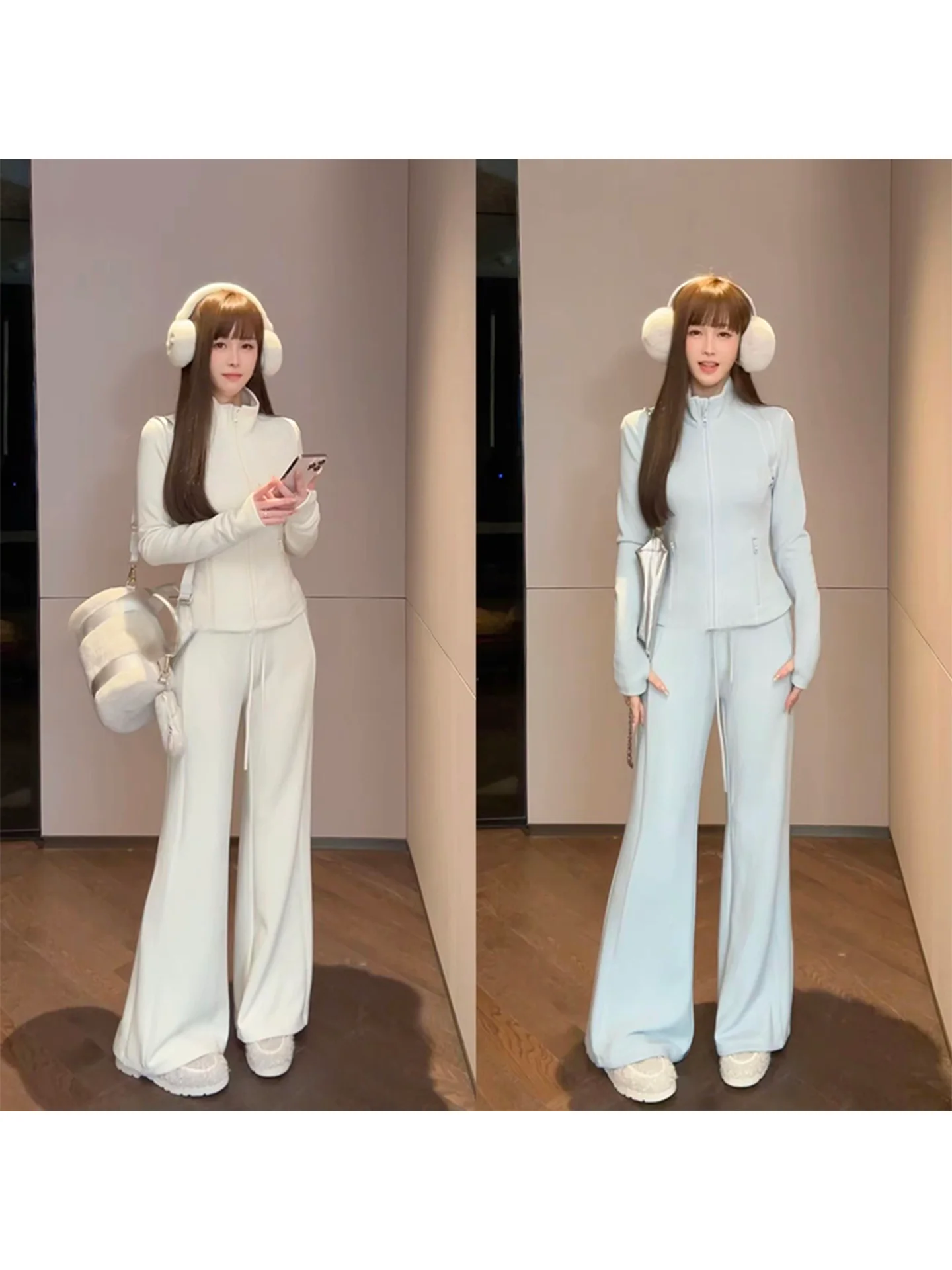 

Теплый комплект из имбирного вельвета и смесовой шерсти: женский топ с длинным рукавом и воротником-стойкой и брюки, комплект из двух предметов для тепла и стиля