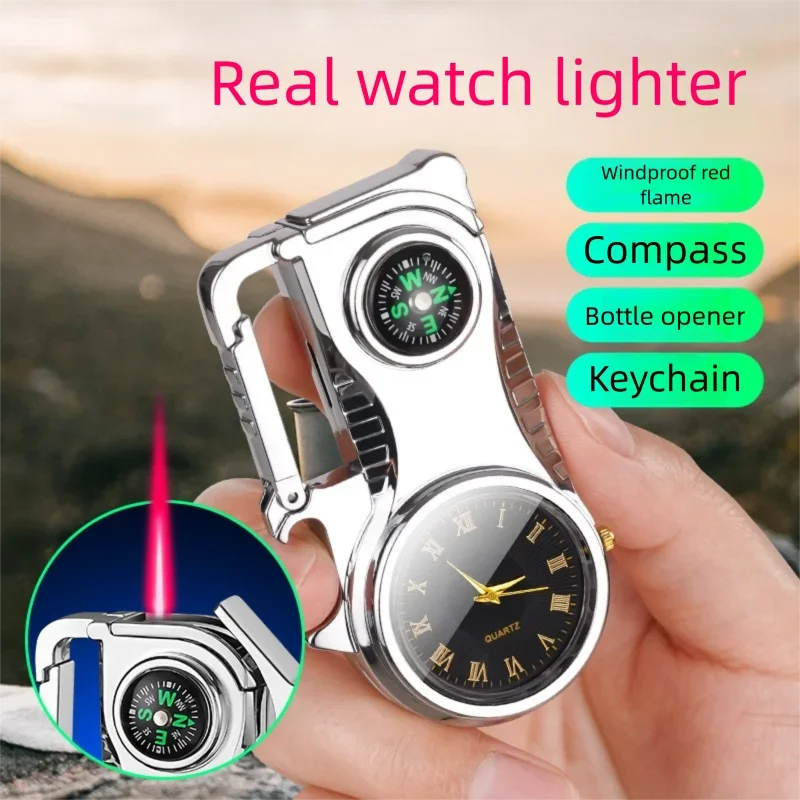

Cool Compass Keychain Lighter Multi-function Watch Inflatable Lighter Windproof Red Fire Smoking Accessories Unique Men's Gift