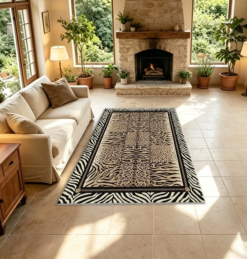 Zebra and Leopard Patchwork Animal Pattern Carpet Unique Fur Patchwork Border Printed Rug Modern Hunting Style Home Carpet