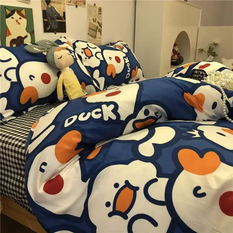 

Cute white duck bedding, down duvet cover, soft home fabric, queen bed, sheets, pillowcase, cute Kawaii